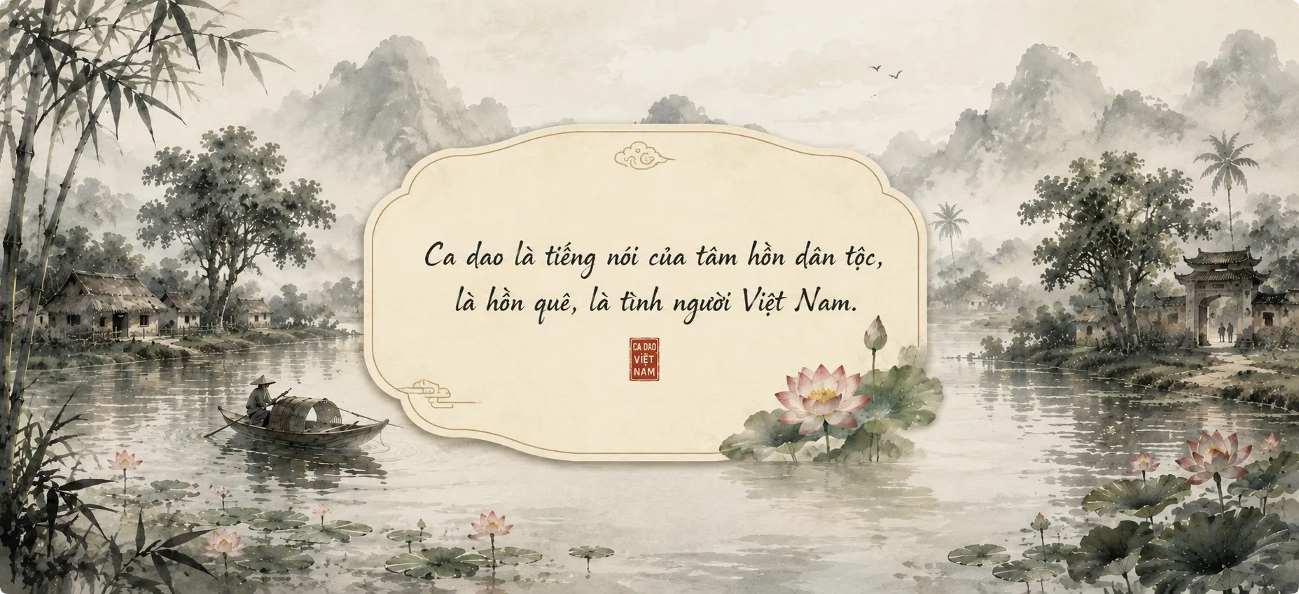 Phong cảnh làng quê Việt Nam với hoa sen, sông nước và mái nhà tranh