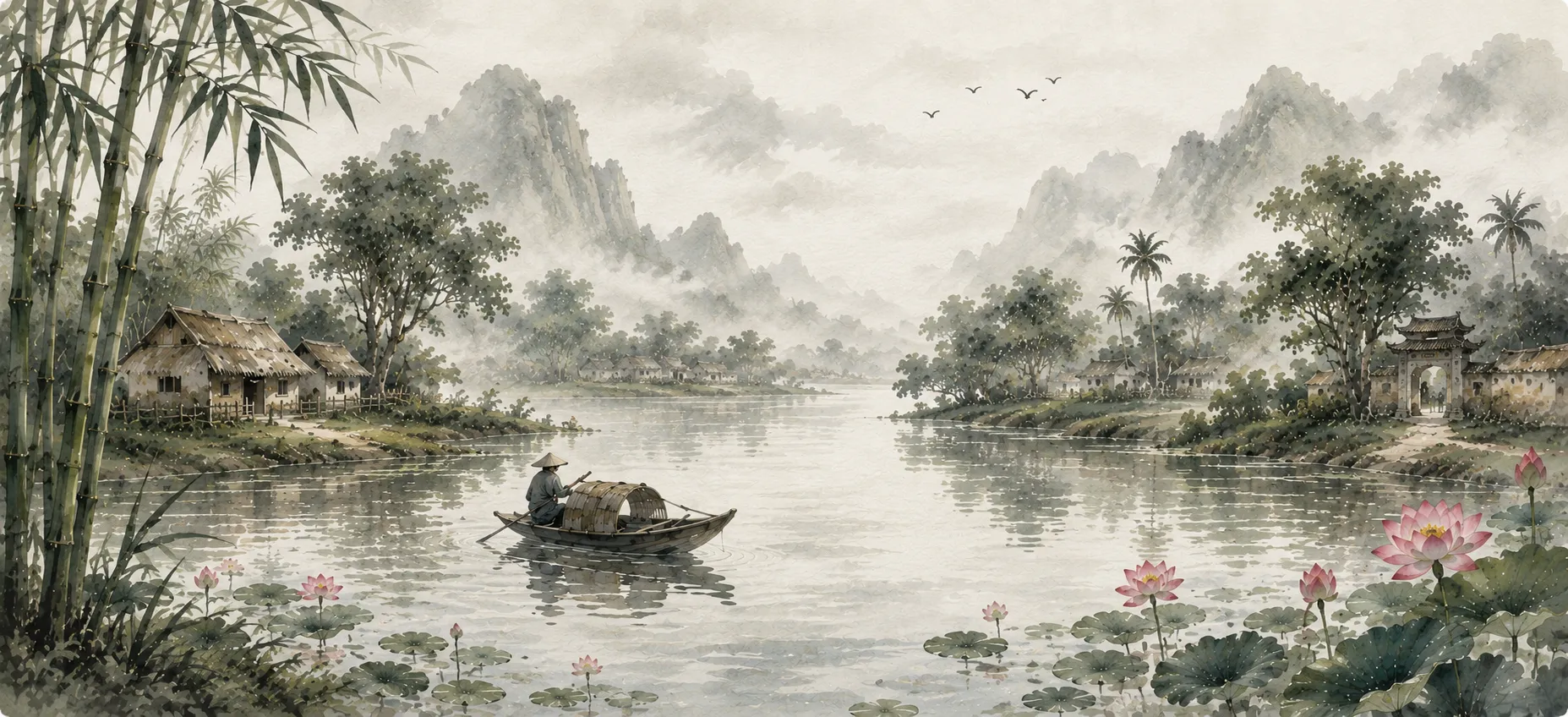 Minh họa thủy mặc thuyền trên sông
